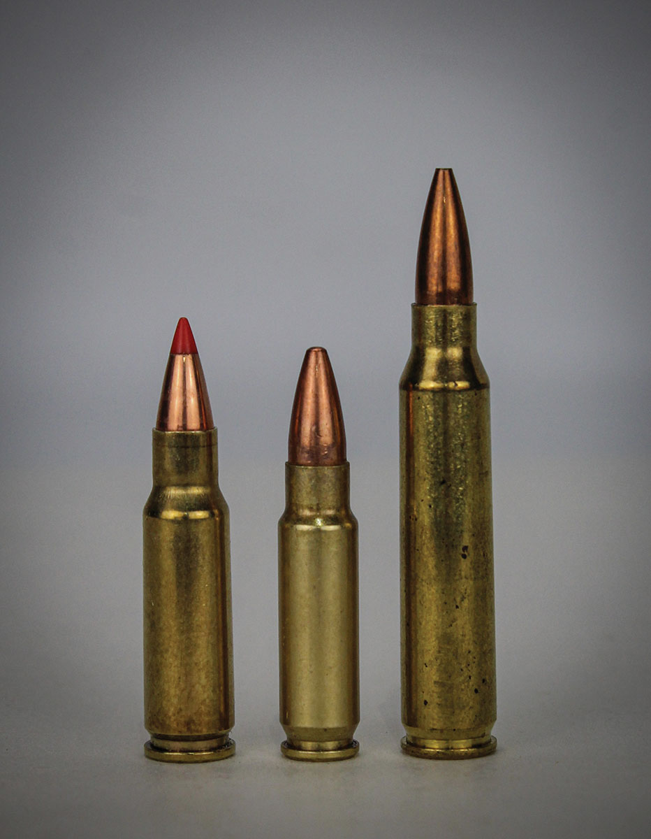 A 22 Spitfire (left) with a 40-grain Hornady bullet. Note that the case mouth crimps right where the bullet ogive meets the shank. A 5.7x28 (center) and 223 Remington (right) are shown for comparison.